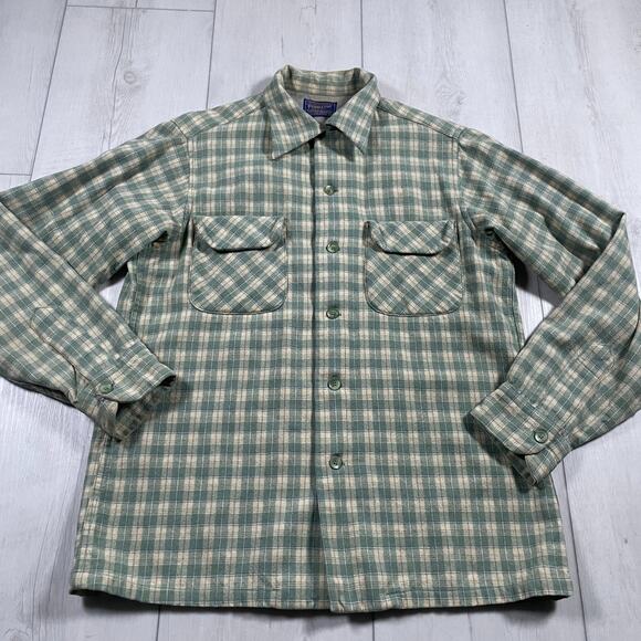 Pendleton Wool Flannel Shirt Mens Medium Plaid Green Cream Vintage Button Up - Picture 1 of 12